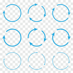 Set of circle arrows rotating on white background. Refresh, reload, recycle, loop rotation sign collection. Black circle arrows for infographics, web design. Vector illustration. Eps file 32.