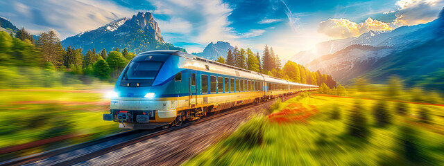 Fast travel through scenic landscapes, speeding train journey - obrazy, fototapety, plakaty
