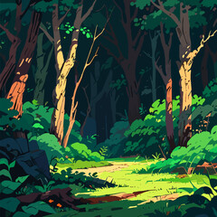 A vector graphic featuring a forest as the background