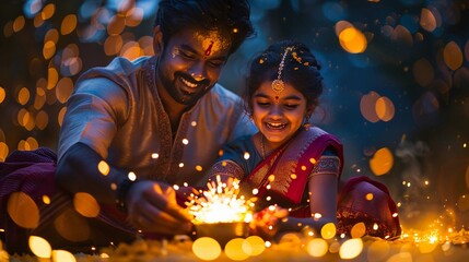 Joyful Celebration Of Diwali or Vishu With Family Wearing Traditional Indian Attire. Warm, Glowing Light, Ideal For Festive Occasions. AI Generated - obrazy, fototapety, plakaty