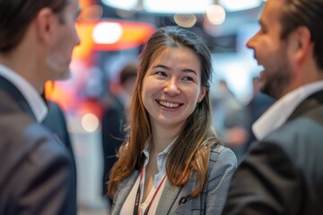 the bustling energy of a trade show as a cheerful businesswoman engages in conversation, radiating happiness in front of a well-lit exhibition stand.
