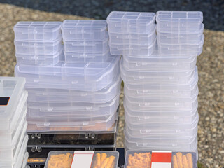 Stack of New Transparent Clean Tackle Boxes Storage
