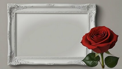 Blank white frame with red rose border hanging on black bricks wall.