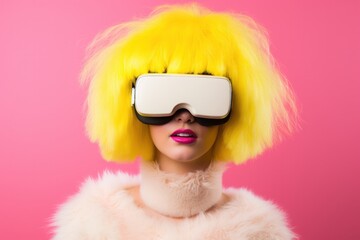 American woman wearing a virtual reality headset.