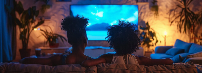 African American couple watching TV, backs to camera, cozy evening ambiance. - Powered by Adobe