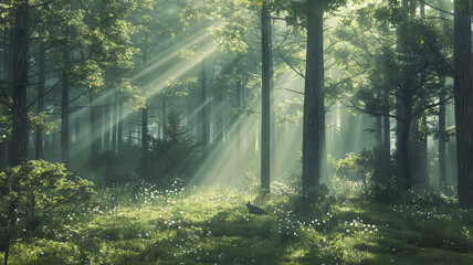Tranquil forest clearing with rays of sunlight filtering through the tall trees.