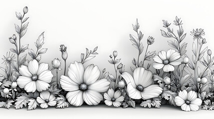 Flowers and plants Sketches, Sketch style Black and white lines, Vertical composition. Generative Ai