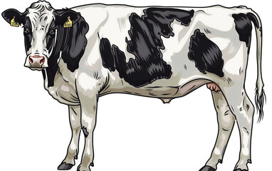 A black and white cow standing on white background,png