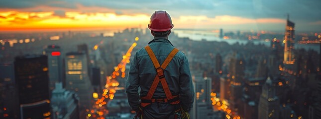 Construction worker in hard hat standing on building overlooking city skyline at dusk