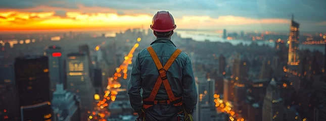 Foto op Plexiglas Construction worker in hard hat standing on building overlooking city skyline at dusk © VICHIZH