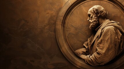 philosopher,  framed in a circular border positioned at the extreme right center, with empty space around for text, creating a visually appealing layout for scientific symposiums. - obrazy, fototapety, plakaty