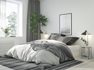 Modern bedroom with white walls, black and grey striped bed linen, floor lamp, side table, poster on the wall, plants in a vase, rug, window, soft lighting, minimalistic design