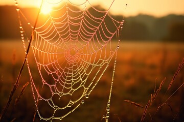 Spider web with dew at sunset