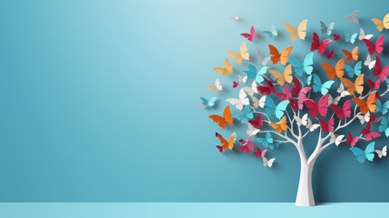 Colorful Butterfly Tree on Blue Background for Joyful Design Concepts