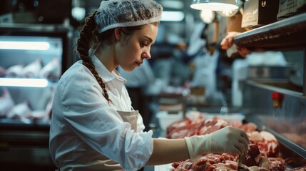 Woman working in a butcher shop working with meat - Powered by Adobe