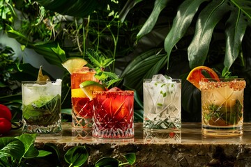 Artisanal Mexican cocktails, such as mezcal negronis and jalapeño margaritas, highlighting the trend of craft mixology, served in unique glassware