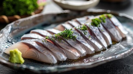 Fish sashimi slices and raw Mackerel on a plate .AI generated image - obrazy, fototapety, plakaty