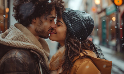 City streets at a sunny day. Affectionate diverse couple sharing a tender kiss