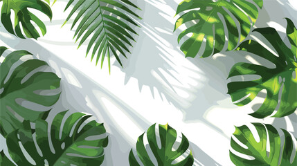 Tropical leaves over grey table casting shadow on white - obrazy, fototapety, plakaty