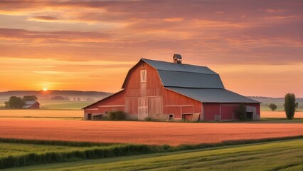Fototapeta na wymiar Sunset at a rustic barn in a tranquil field