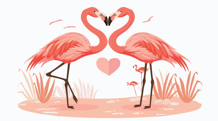 Two flamingo couple Big pink heart. Exotic tropical