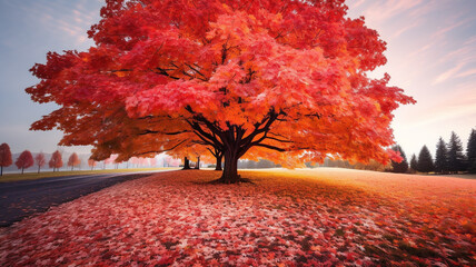 Vibrant autumn maple tree ablaze with fiery red and orange leaves. - obrazy, fototapety, plakaty