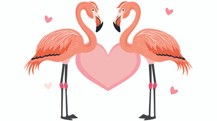 Two flamingo couple Big pink heart. Exotic tropical