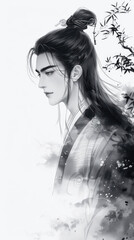 Black white drawing, portrait of an Asian male fantasy character, chinese immortal hero in hanfu.