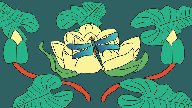 Animation of dragonfly coming and stands at water flower in lake surroundings.