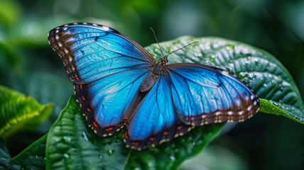 Vibrant blue morpho butterfly perched on a tropical leaf.