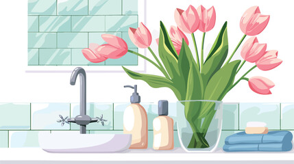 Vase with beautiful pink tulips and toiletries near