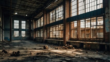 Derelict machinery in a decayed factory setting