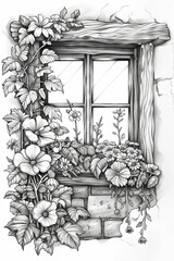 A drawing of a window with flowers in it. Black and white line art, coloring book page.