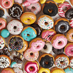 Different types of donuts: with chocolate, pink with stripes, with glaze and colored splashes and black cookie sprinkles bright colors