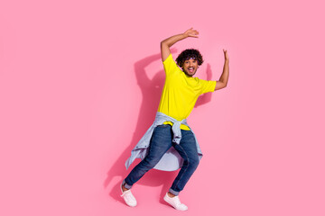 Fototapeta na wymiar Photo of glad cheerful optimistic man wear stylish yellow clothes good mood isolated on pink color background
