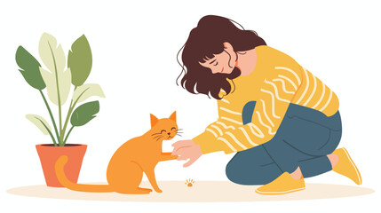 Woman playing with cute ginger cat at home closeup fla