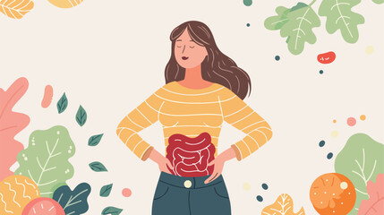 Woman with healthy digestive system on light background