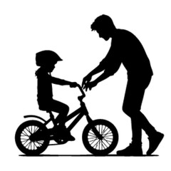 Fototapeta na wymiar minimalist Father helps his daughter ride bike. Father teaches child wearing safety helmet to ride bicycle vector black color silhouette, Black color silhouette png white background-13
