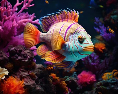 Fish in freshwater aquarium with beautiful planted tropical. Colorful back