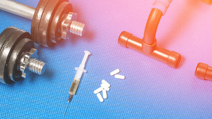 doping drugs, tablets, syringes and penetrations for taking doping samples, concept of high-performance sport with the use of prohibited medications. - obrazy, fototapety, plakaty