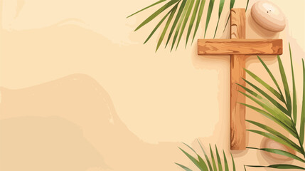 Wooden cross and palm leaf on beige background top 