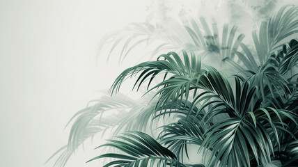 Fototapeta na wymiar Tropical green palm leaves on a light back. Abstract summer template.