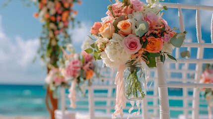 Luxurious wedding ceremony on the ocean beach White chairs decorated with a beautiful bouquet of flowers in a jar hanging on them