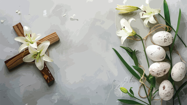 Wooden cross painted Easter eggs and lily flowers