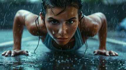 a young woman doing push-ups in the rain outside - obrazy, fototapety, plakaty
