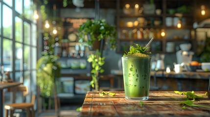 Fresh green smoothie in a glass garnished with herbs on a wooden bar counter. Healthy lifestyle and nutrition concept for design and print. Blurred background with warm ambient lighting - obrazy, fototapety, plakaty