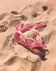 Pink swimming goggles in the sand, summer holidays, active vacation