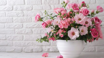 Mixed pink floral arrangement in a white pot on shabby worktop with white brick background