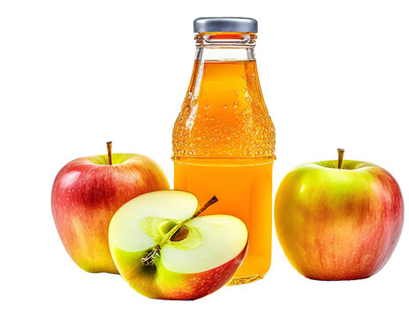 Bottle with apple juice and apples on a transparent background