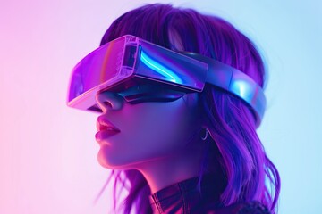 Futuristic woman in VR glasses with purple hair. AI tech.